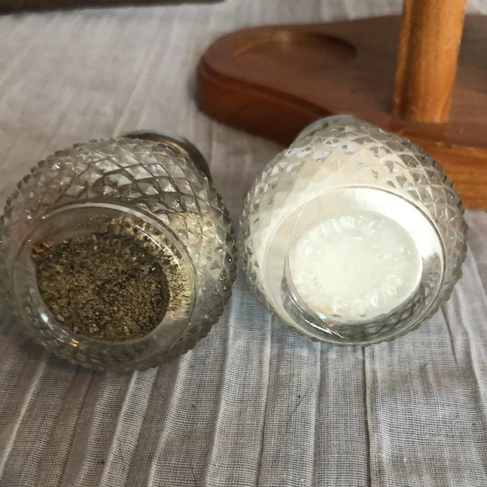 Vintage 1960s Salt & Pepper Shakers Cut Glass Beveled & Pfalzgraff napkin holder